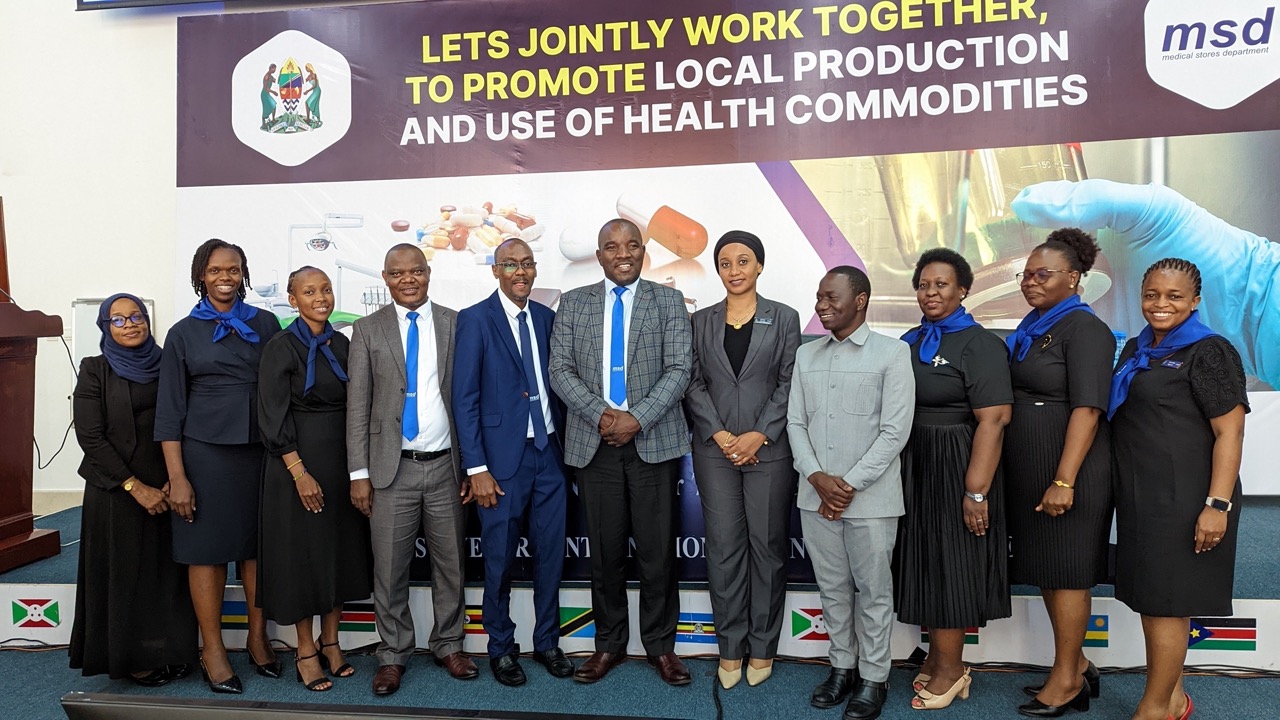 Government Chief Pharmacist Daudi Msasi, in a Group Photo with the Preparatory Committee for the Working Session Between MSD and Local Health Product Manufacturers, at the Mwalimu Nyerere International Conference Hall
